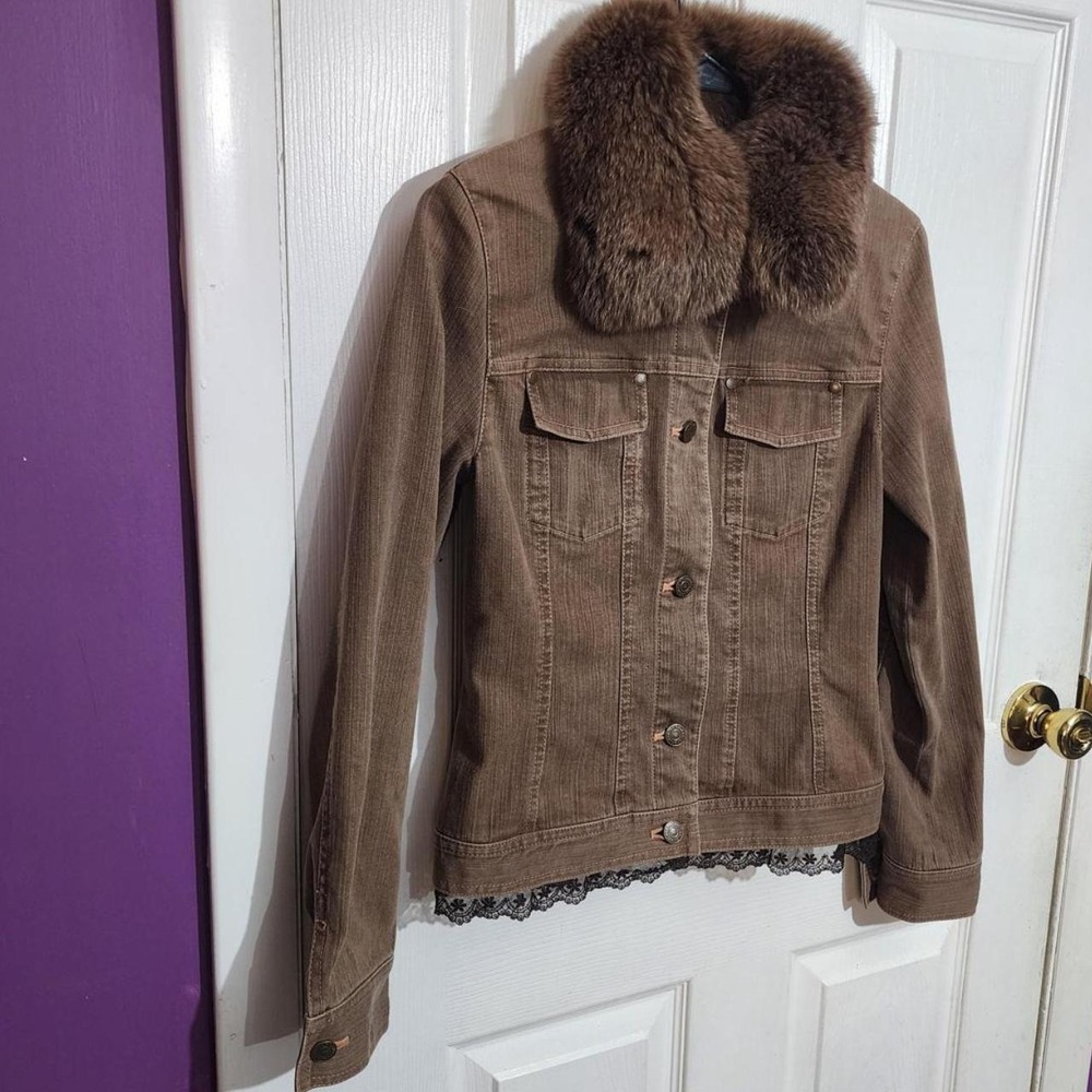 Vintage Brown Fox Fur Denim Jacket - Picture 4 of 5